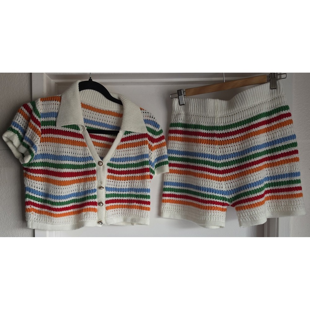 Women L Striped Co-Ord Set Short Sleeve Collared Retro Multicolor Outfit